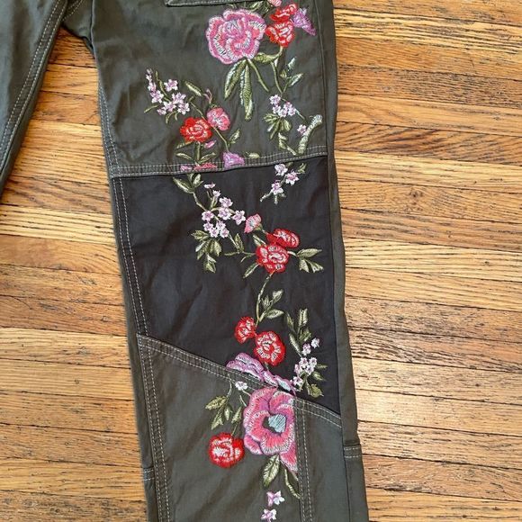 Anthropologie Floral Embroidered Pants - Olive Green with Pink and Red Accents - Picture 5 of 10